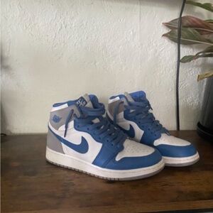 Men and Woman Blue and White High-Top Jordan 1 Sneakers